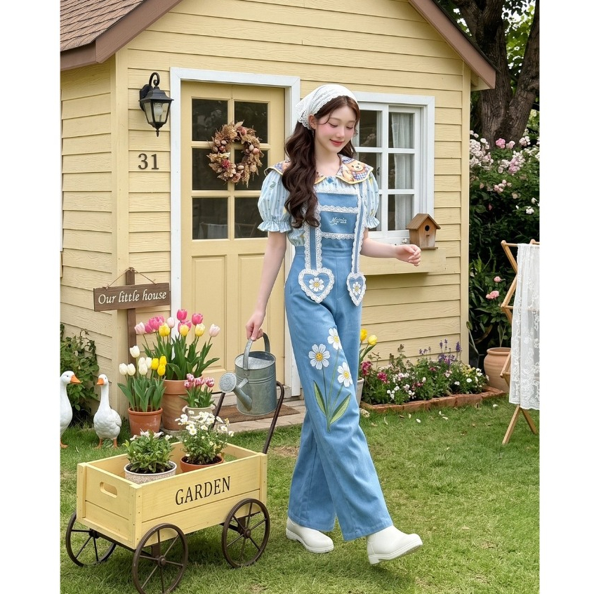 (มีถึง3XL) Maria Diamond ยีนส์ Little House Set เอี๊ยมยีนส์ 2 ชิ้น ขายาวสายปรับได้ งานปัก + เสื้อเชิ้ตกระดุมหน้าผ้าเปเป้