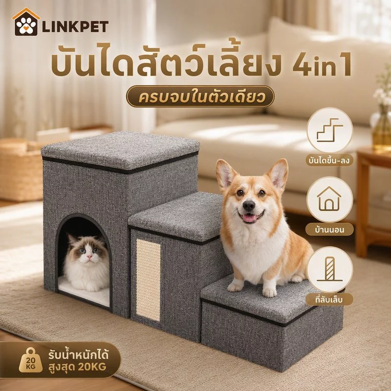 บันไดสุนัข บันไดแมว อุโมงค์แมว 3 ชั้น บันไดเก็บของสัตว์เลี้ยง วัสดุป่านศรนารายณ์ พับง่ายเก็บสะดวก
