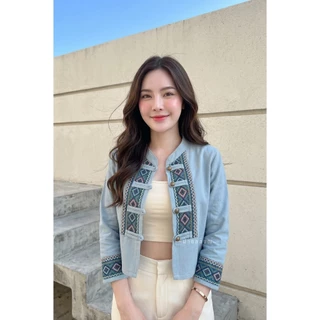 เสื้อคลุมผ้าฝ้ายคอจีนกระดุมหน้าแต่งผ้าทอ