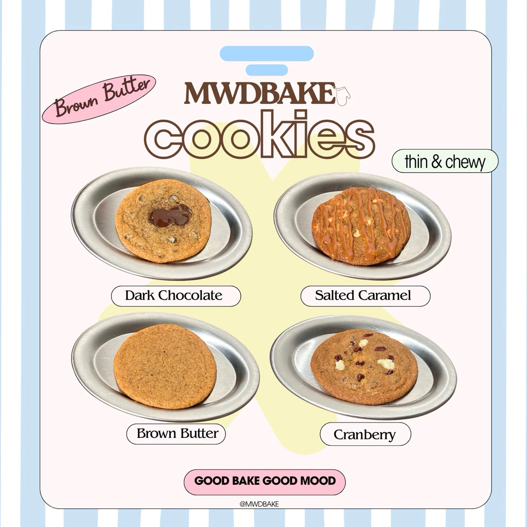 MWDBAKE's Soft cookies คุกกี้นิ่ม ซอฟคุกกี้ บาง หนึบหนับ หวานน้อย หอม Brown butter