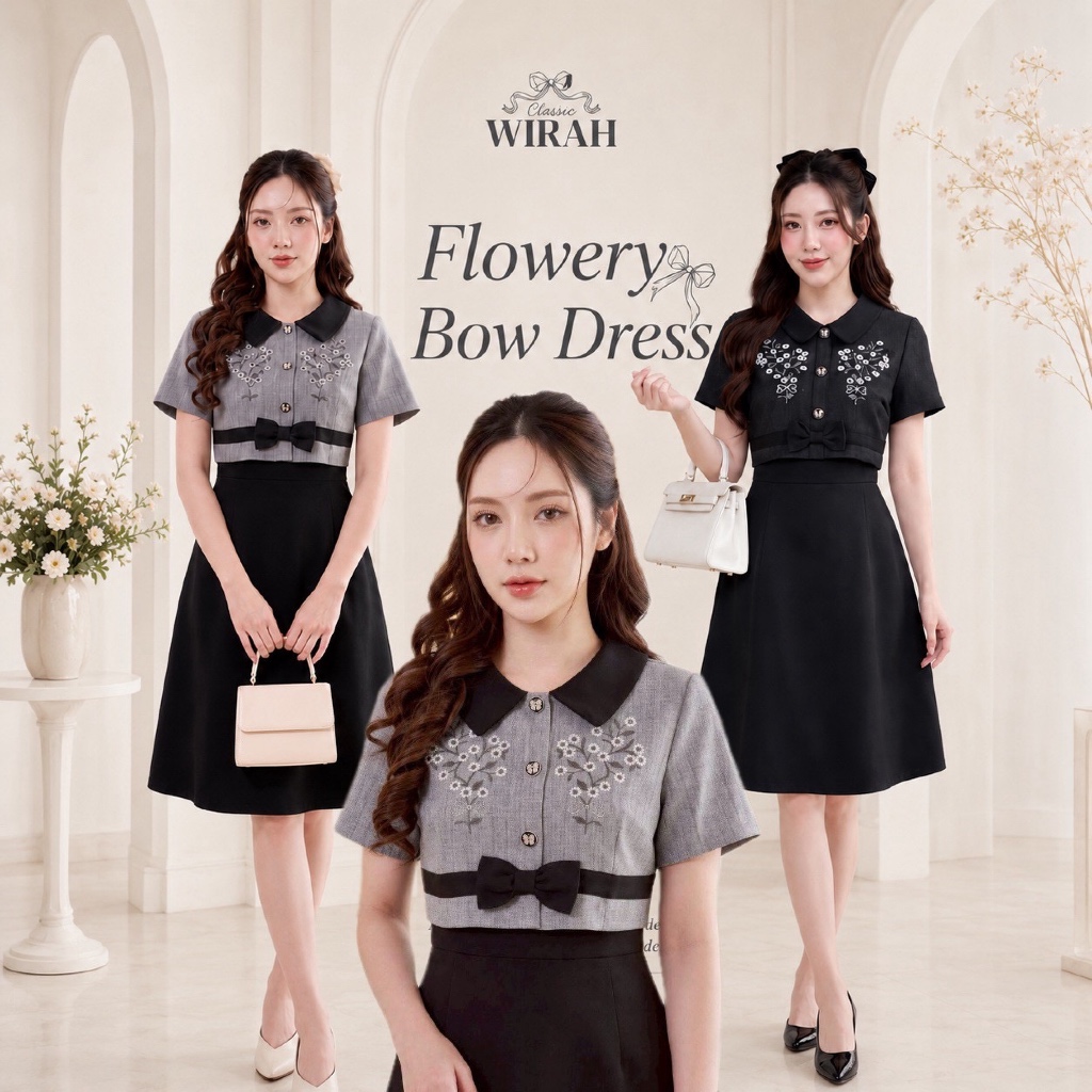 DW495R2 Flowery ชุดเดรสเสื้อครอปแขนสั้นปักลายสไตล์ลูกคุณหนู แมทช์กระโปรงทรงเอ ลุคหวานละมุนมีระดับ