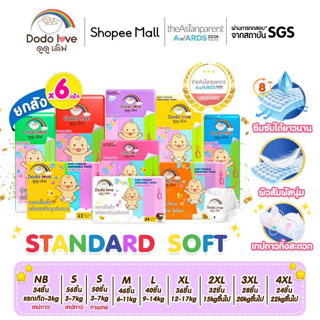ยกลัง6 DODOLOVE Standard Soft กางเกงผ้าอ้อม ผ้าอ้อมสำเร็จรูป Size NB-4XL นุ่ม บางเบา มีโลเทปม้วนทิ้ง