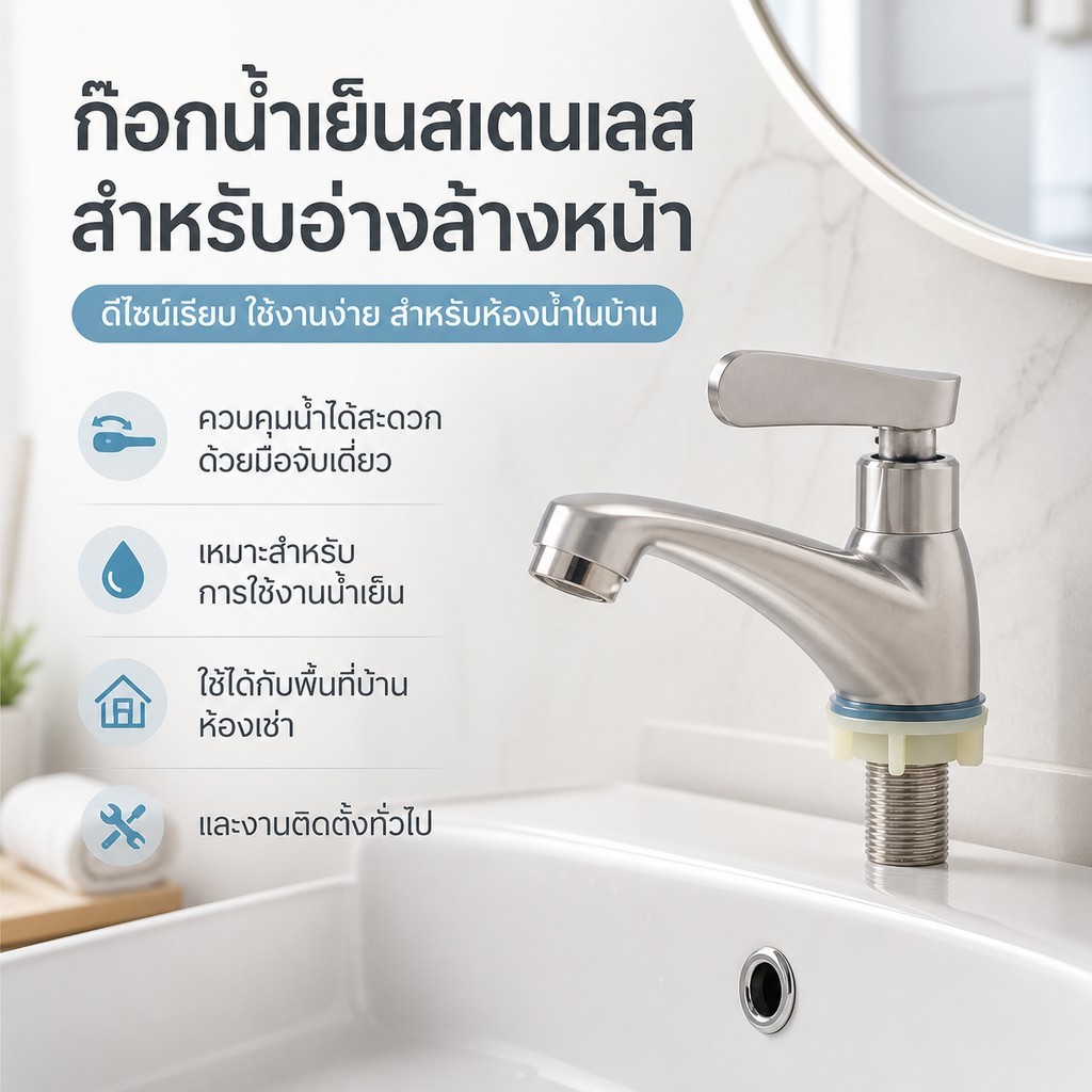 ก๊อกน้ำอ่างล้างหน้า ก๊อกอ่างล้างมือ น้ำเย็นอย่างเดียว สแตนเลส 304 ทรงเตี้ย ติดตั้งรูเดียว ก๊อกห้องน้ำ ไม่เป็นสนิม ทนทาน