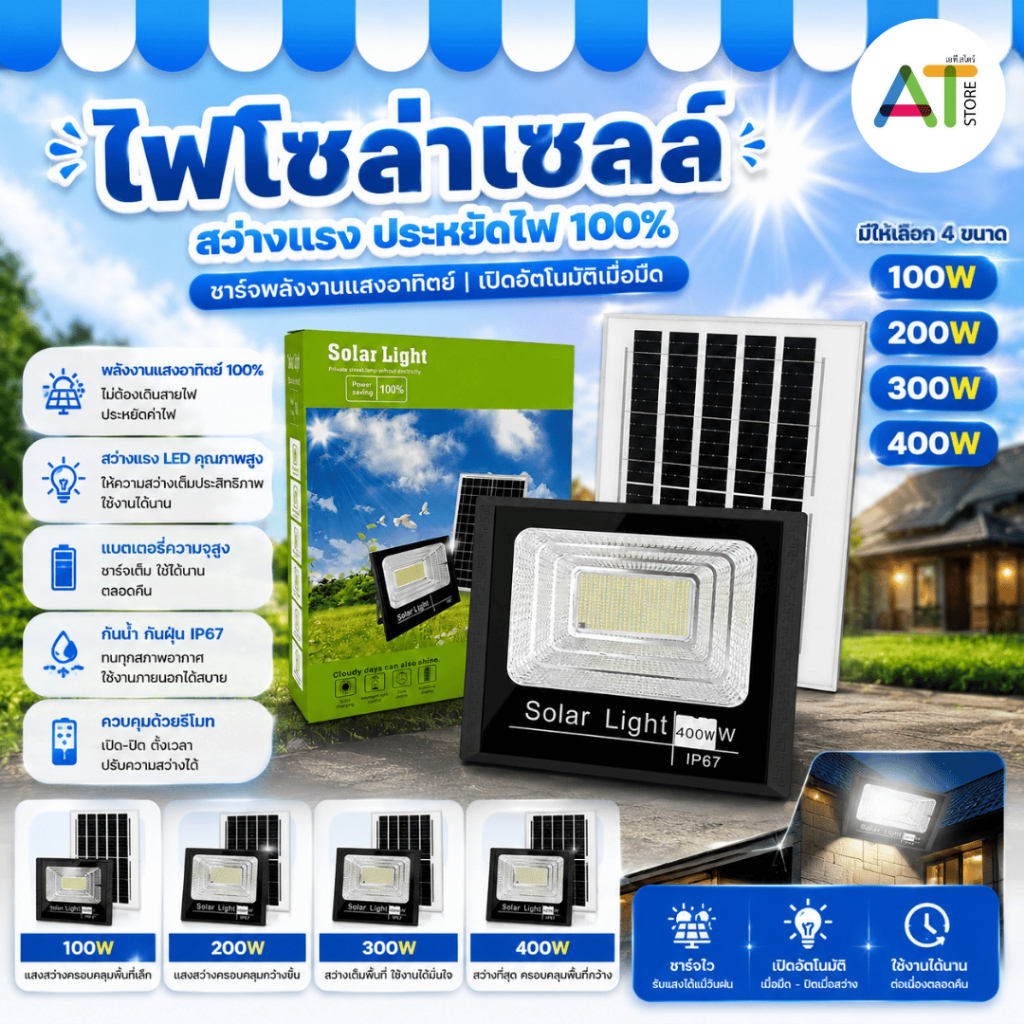 AT.Store ไฟโซล่าเซลล์ สปอร์ตไลท์โซล่าเซลล์ 100W 200W 300W 400W กันน้ำ IP67 โคมไฟโซล่าเซลล์ สว่างยันเ
