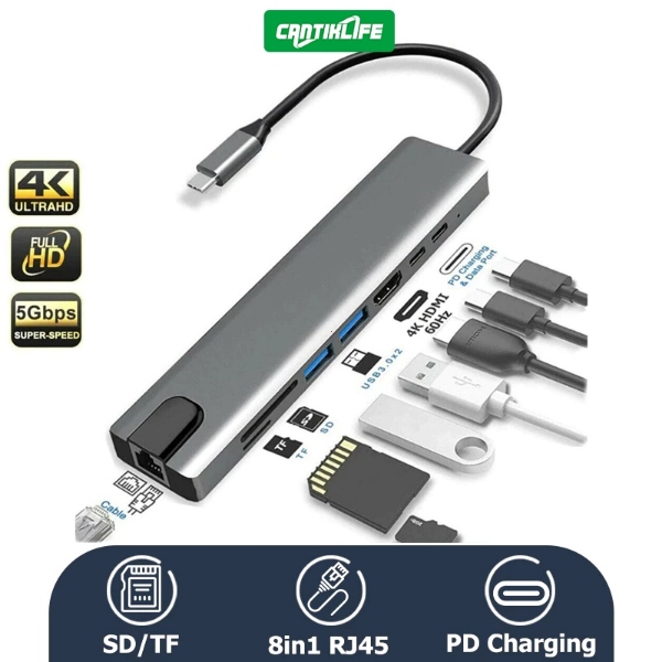 ฮับ USB‑C 8‑in‑1 อะแดปเตอร์หลายพอร์ต รองรับ 4K HDMI, RJ45, SD/TF, USB3.0/2.0, PD100W เหมาะทำงาน‑เรียนเข้ากัน MacBook Pro