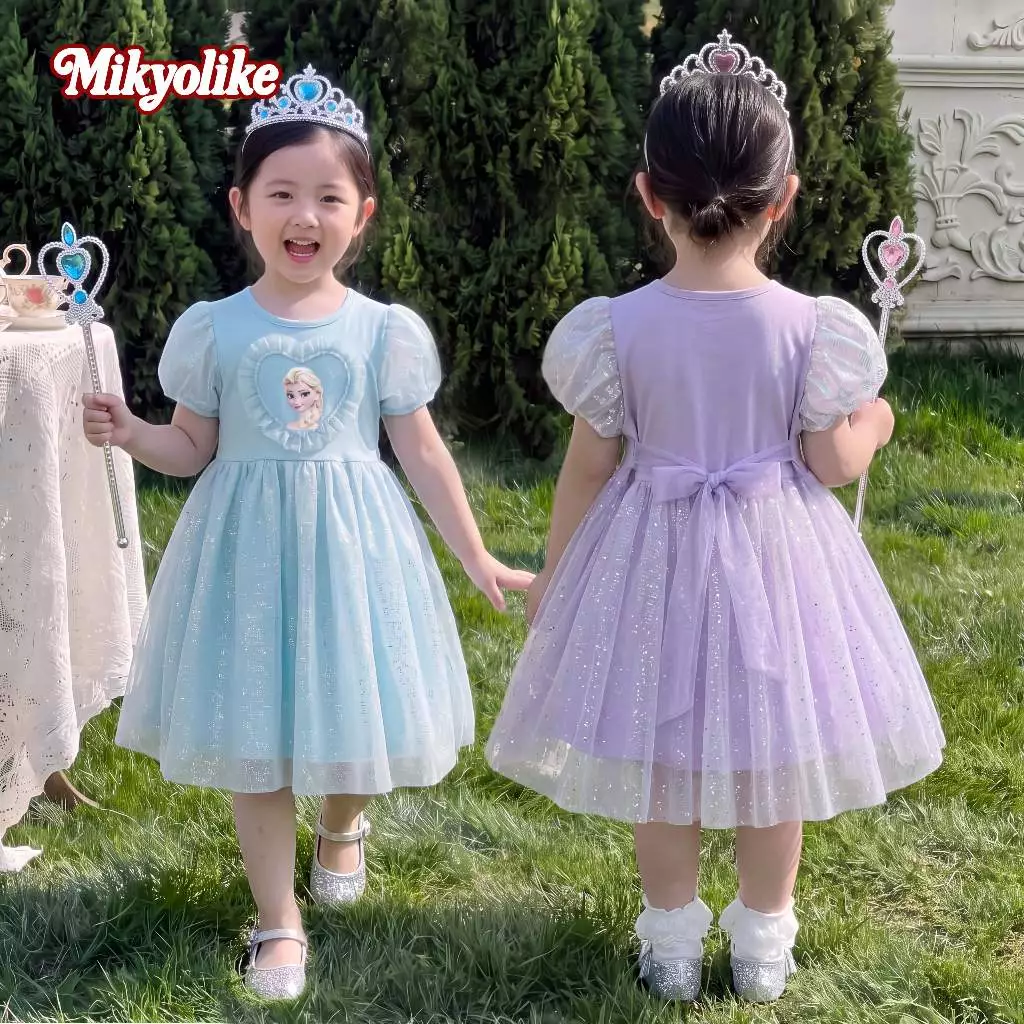1-9 ปี ชุดเดรสเด็กผู้หญิง แขนเสื้อพอง ผ้าทูลล์ ชุดเจ้าหญิงเอลซ่า กระโปรงฟูฟ่อง านุ่มใสสบายฯ