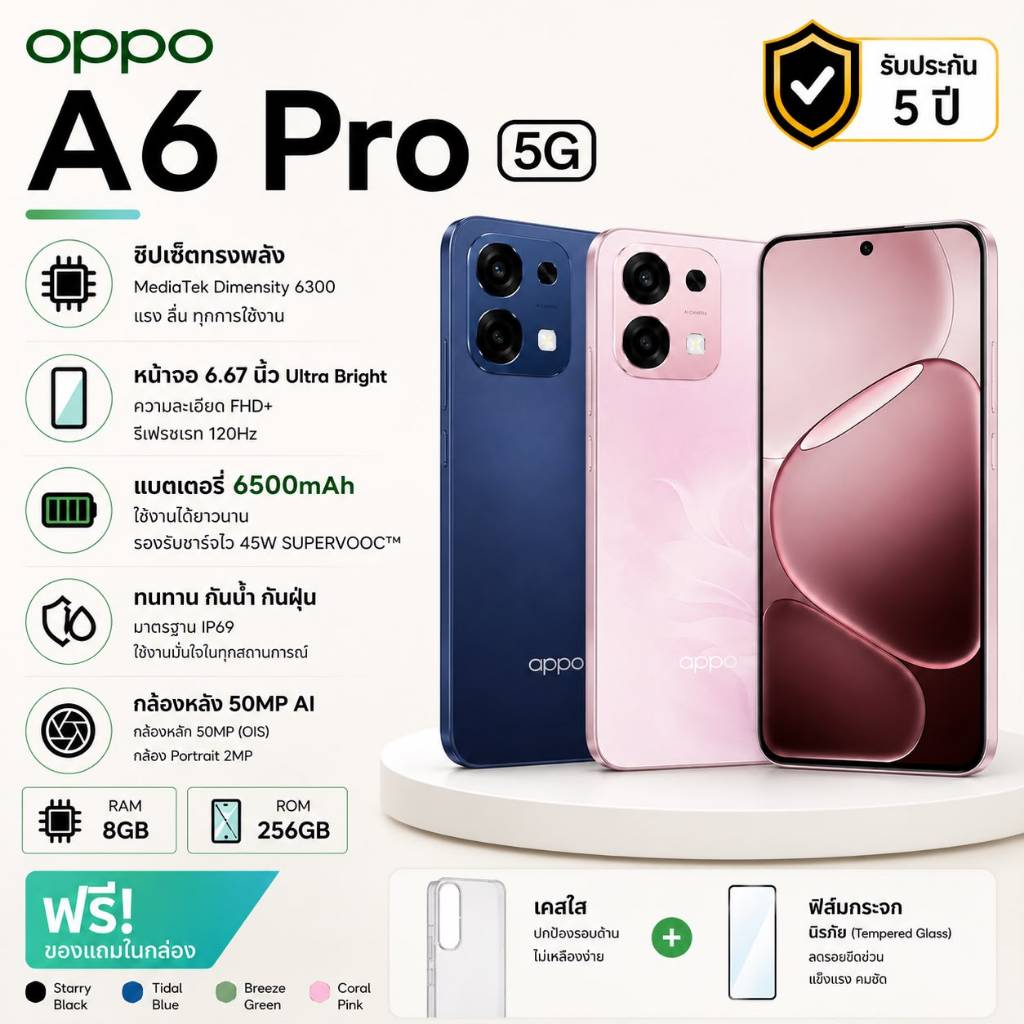 oppo A6 Pro 5G (8+256GB) สมาร์ทโฟน 6.67” 120Hz แบตเตอรี่ 6500mAh รองรับ 5G