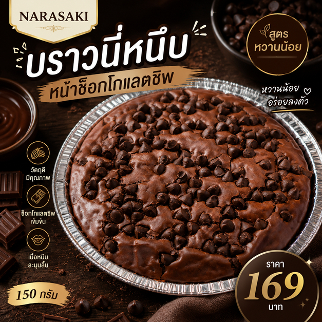 บราวนี่หนึบหน้าช็อกโกแลตชิพ สูตรหวานน้อย/Chewy 150 กรัม NARASAKI ราคา 169 บาท
