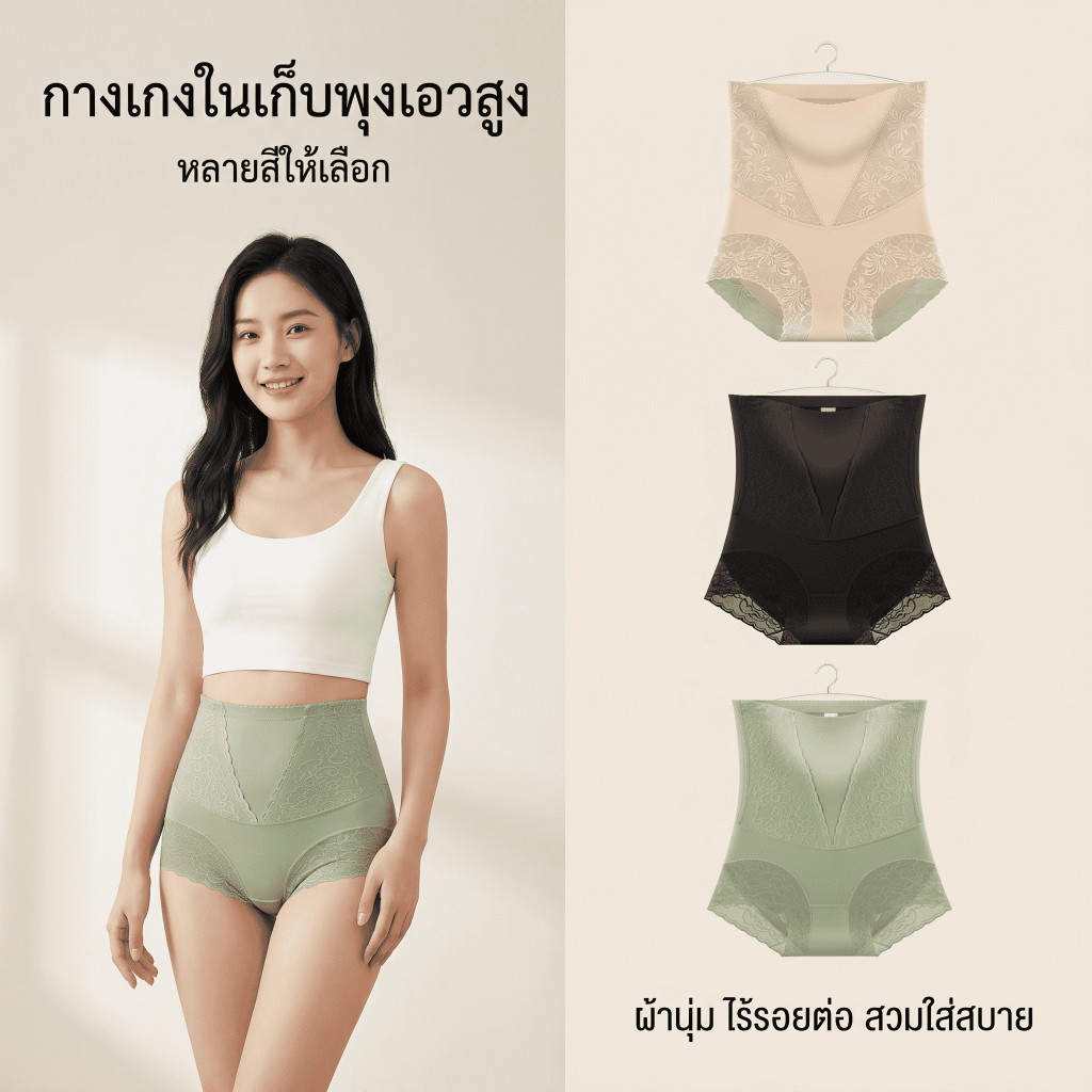 กางเกงชั้นในผู้หญิงเอวสูงเก็บพุง ลูกไม้ไร้รอยต่อ กระชับหน้าท้อง ยืดหยุ่นสูง ระบายอากาศดี สวมใส่สบาย