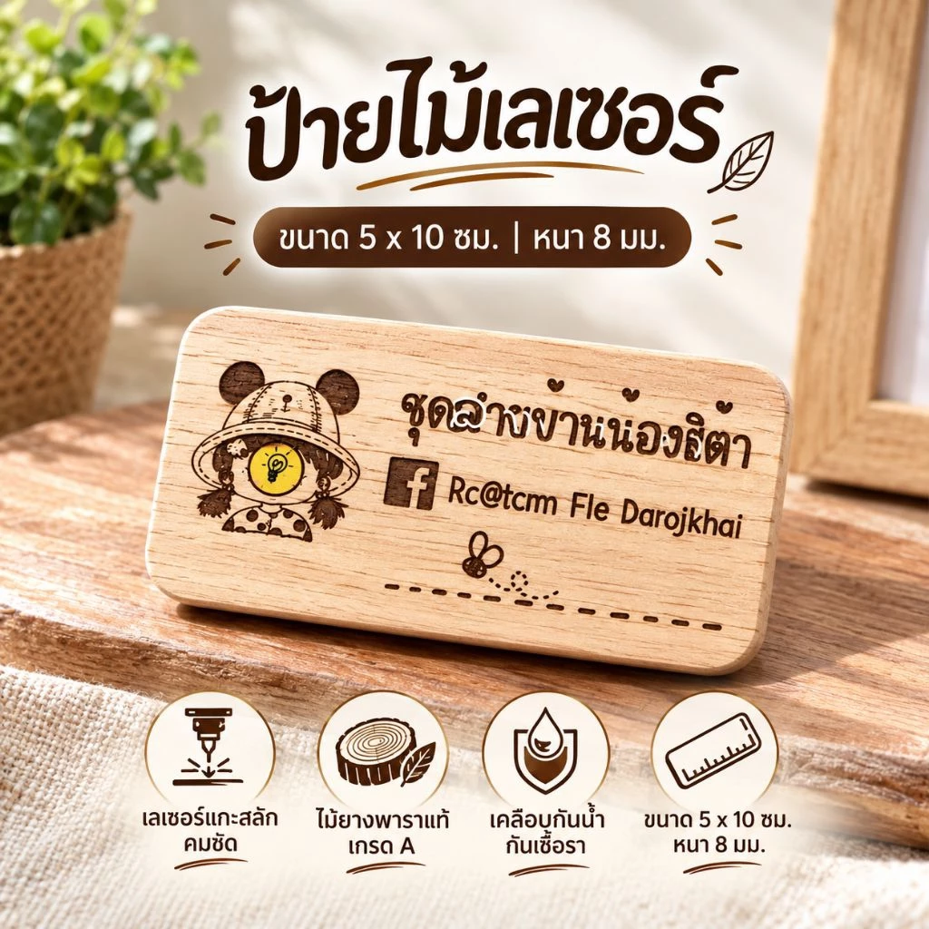 ป้ายไม้เลเซอร์สั่งทำ ป้ายชื่อร้าน โลโก้ร้าน ป้ายไม้ข้อความ ขนาด 5x10 ซม
