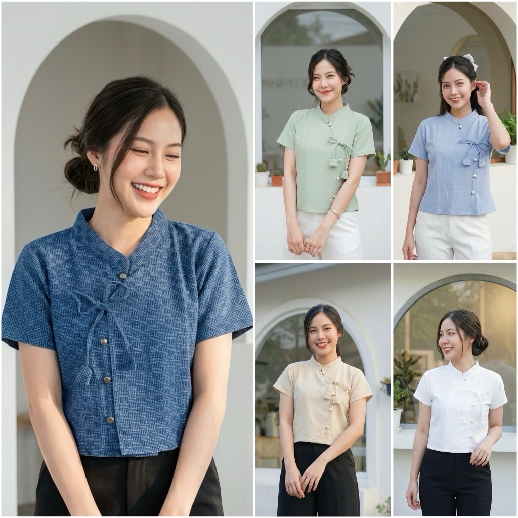 เสื้อผ้าฝ้ายผู้หญิง ผูกโบว์ดอกทิวลิป แต่งกระดุมมุก ทรงป้ายผูกโบว์ เสื้อผ้าฝ้าย