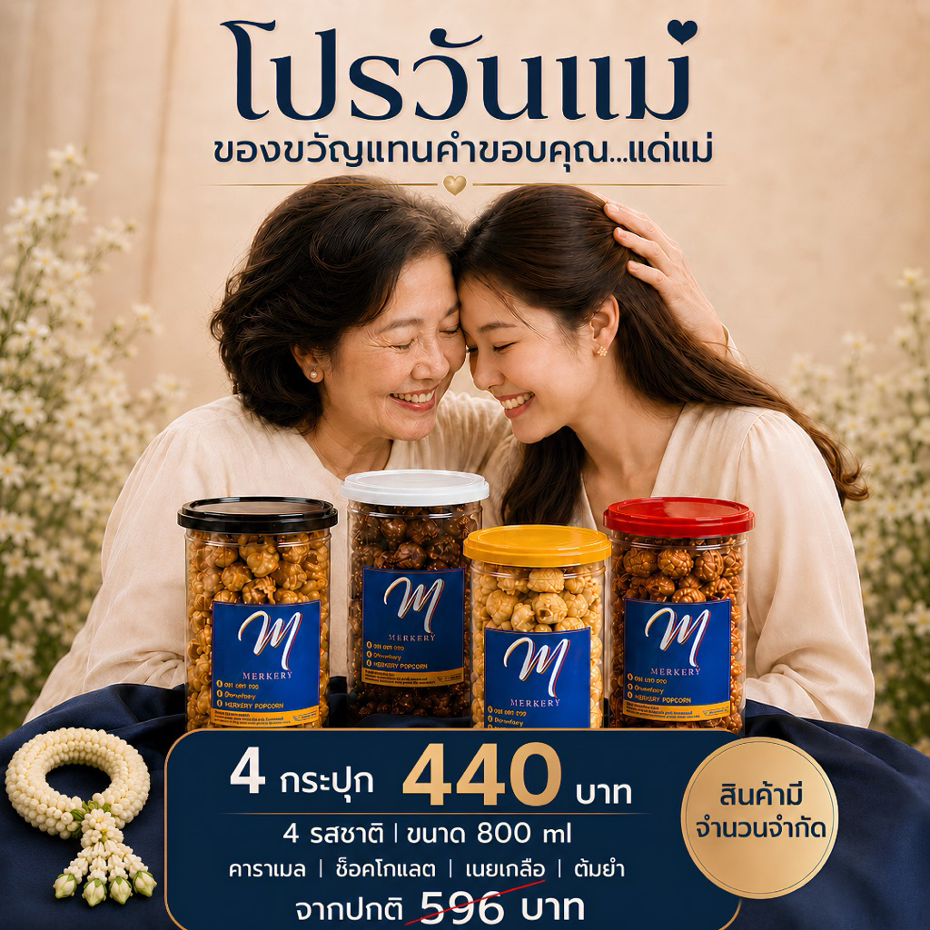 [โปรวันแม่] ป๊อปคอร์นรส คาราเมล/ช็อกโกแลต/ต้มยำ/เนยเกลือ (4กระปุก440฿) สินค้ามีจำนวนจำกัด!!