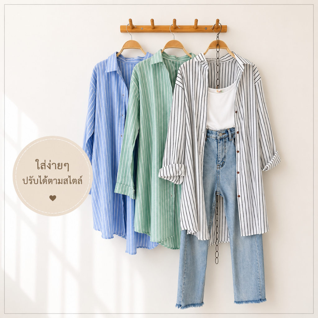 STRIPED DRESS SHIRTตัวยาว>>มีสีพื้นด้วยค่ะ