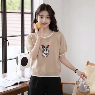 Glucoat | [A879/A941/A945] เสื้อนิตติ้งไหมพรมสีเบจ/สีแดง/สีกรม ปักลาย ชายเสื้อจั๊มเอว