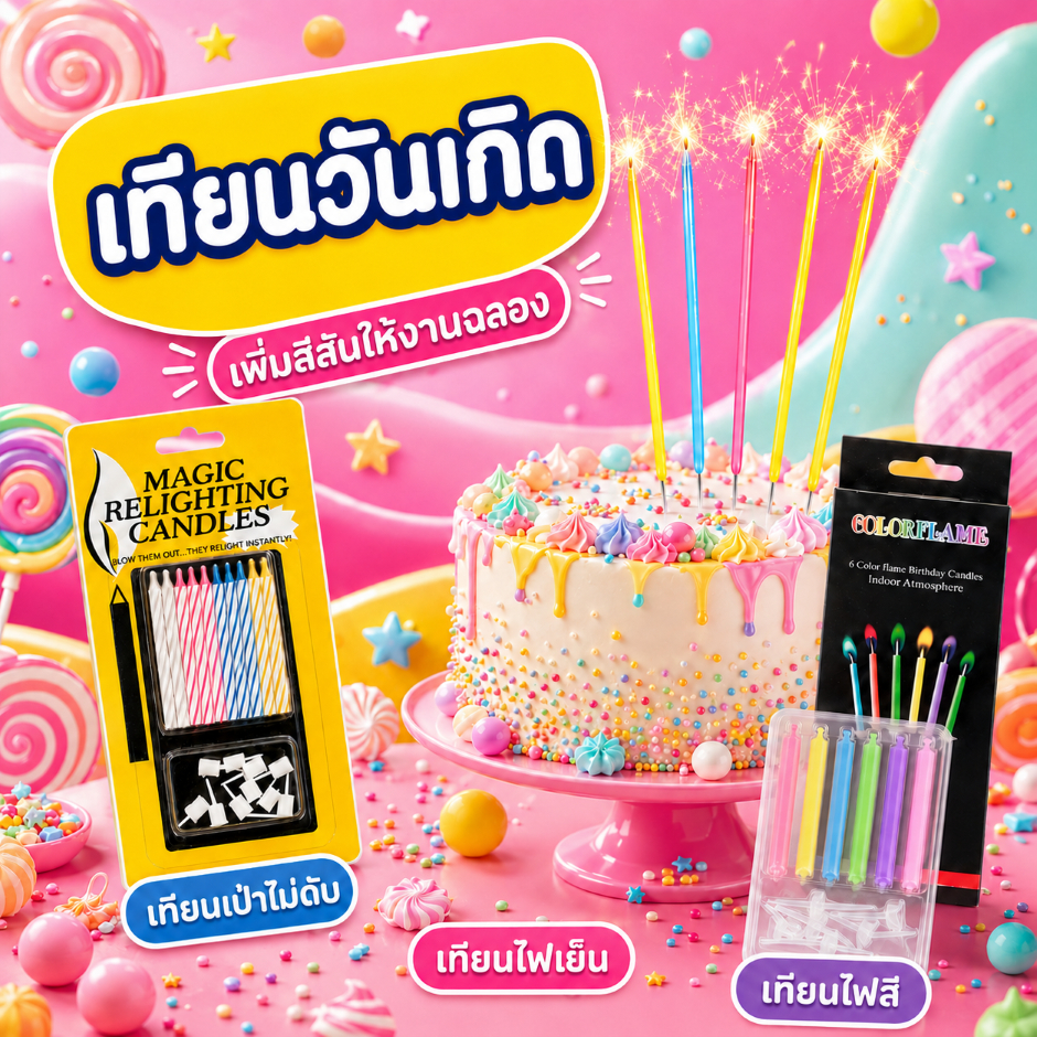 เทียนปาร์ตี้ั หลายรูปแบบ เทียนวันเกิด เปลวไฟเปลี่ยนสี เป่าไม่ดับ Sparkling candles