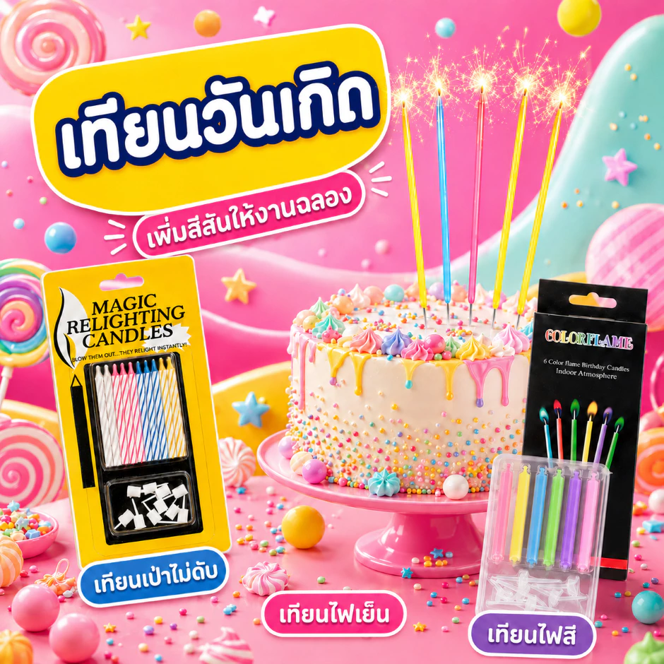 เทียนปาร์ตี้ั หลายรูปแบบ เทียนวันเกิด เปลวไฟเปลี่ยนสี เป่าไม่ดับ Sparkling candles