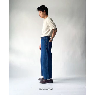BROWN BUTTONS EASY DENIM PANTS กางเกงผ้ายีนส์ฟอก ทรงกระบอก สีเข้ม