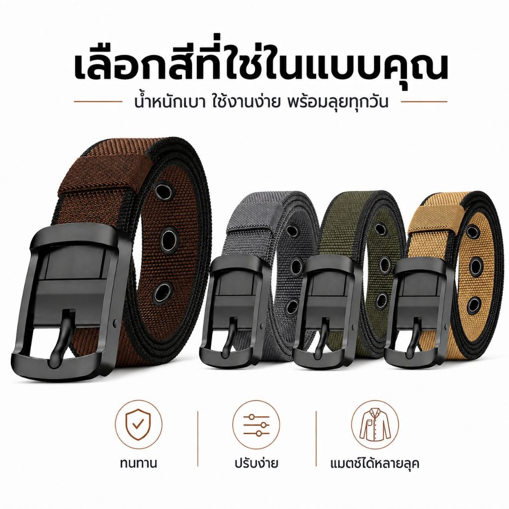 เข็มขัดผู้ชาย ผ้าไนลอนถัก หัวเข็มขัดโลหะ ปรับระดับได้ แข็งแรง น้ำหนักเบา 4 สี สไตล์ลำลองและเอาต์ดอร์