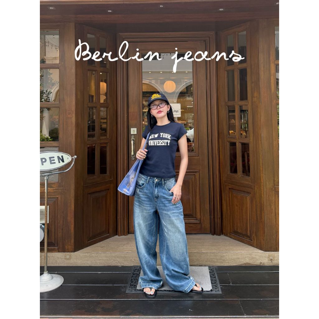Berlin jeans - กางเกงยีนส์ขายาว ผ้ายีนส์เอวสูง ฟอกเฟด แต่งดีเทลขาด (ส่งด่วน)