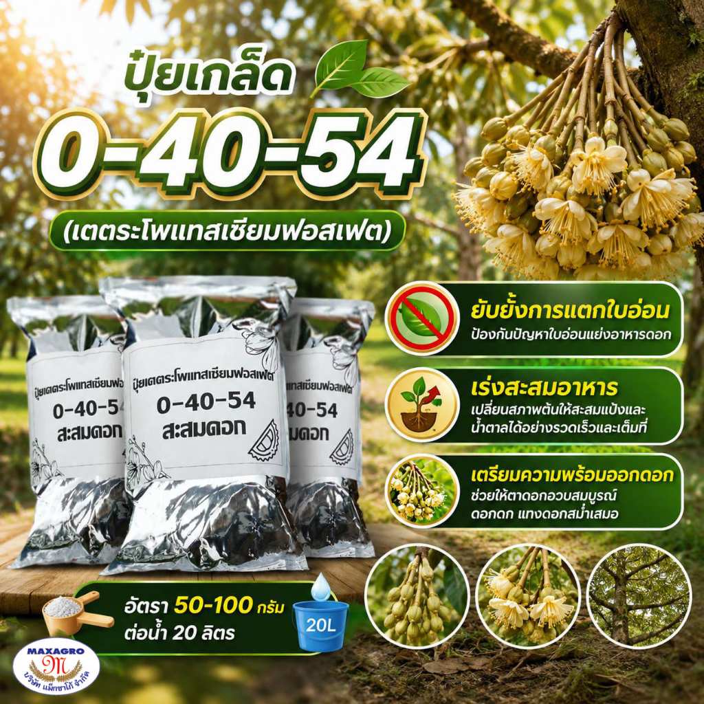 ปุ๋ยเกล็ด 0-40-54 MAXAGRO เตตระโพแทสเซียมฟอสเฟต เร่งสะสมอาหาร เตรียมออกดอก ตาดอกอวบ ดอกดก 1กก