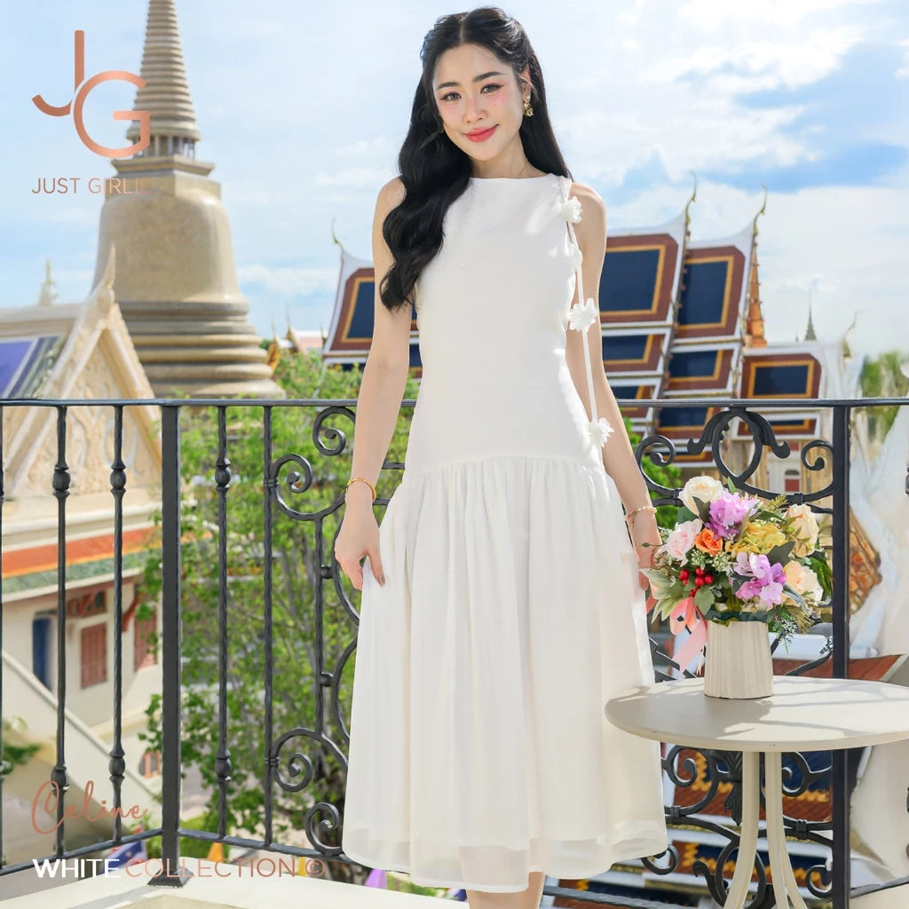 🔥Hot🔥 Dress Celina ชุดเดรสยาว ดีไซน์ดอกไม้ไหล่ ผ้าซีฟองแต่งผ้าซาติน สวยเรียบหรู ไว้ใส่เที่ยว ใส่ออกงาน พร้อมส่ง S M L