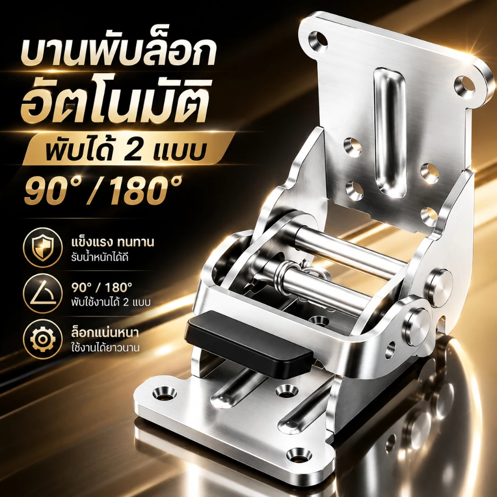 บานพับขาโต๊ะ ปรับองศาได้ 90-180 องศา มีระบบล็อกอัตโนมัติ ทำจากเหล็กเกรดคุณภาพ รองรับน้ำหนักสูง แถมสกรูติดตั้งครบชุด