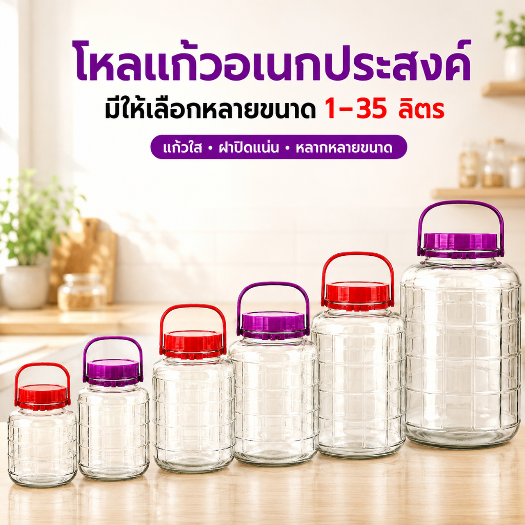 โหลแก้ว ขวดโหลแก้ว ขวดโหลดองผลไม้​ ขวดโหลใส่น้ำ ขวดโหลใส่อาหาร ฝาเกลียว ขนาด 1/2/3/5/8/10/12/16 L