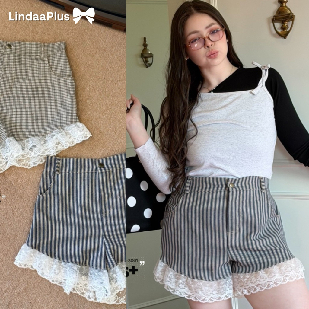 LindaaPlus-- กางเกงขาสั้น “𝑨𝒍𝒍𝒚” แต่งลูกไม้🌸ผ้ายีนส์ริ้ว2สี มาพร้อมลูกไม้ปลายขาเพิ่มความหวาน 💕เก็บพุง ทรงสวย ไม่รั้งเป้า