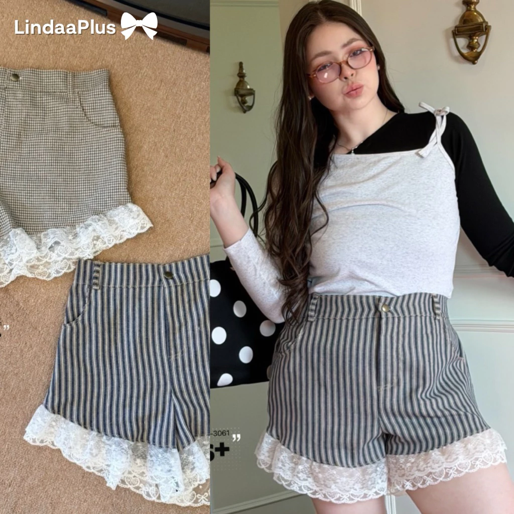 LindaaPlus-- กางเกงขาสั้น “𝑨𝒍𝒍𝒚” แต่งลูกไม้🌸ผ้ายีนส์ริ้ว2สี มาพร้อมลูกไม้ปลายขาเพิ่มความหวาน 💕เก็บพุง ทรงสวย ไม่รั้งเป้า
