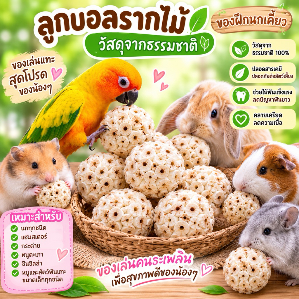 ลูกบอลรากไม้ ของเล่นฝึกเคี้ยวสำหรับสัตว์เลี้ยง ขนาด 6cm 🦜 🐰🐹