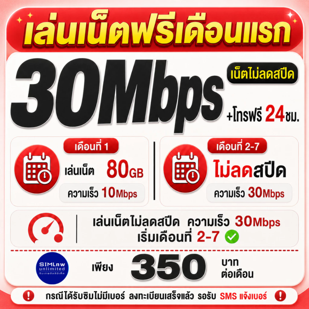 (เล่นเน็ตฟรีเดือนแรก) TRUE ซิมเทพเล่นเน็ตไม่ลดสปีด ความเร็ว 30Mbps พร้อมโทรฟรีทุกค่าย