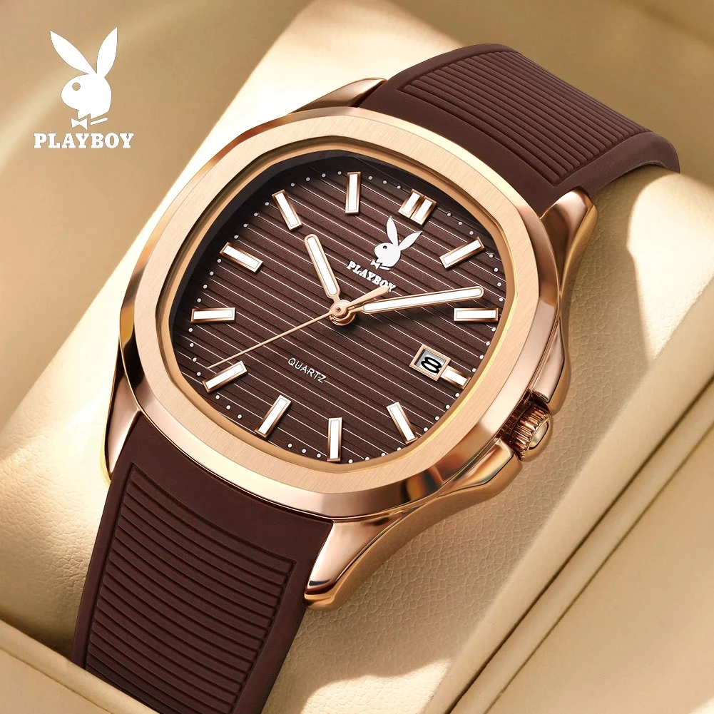 PLAYBOY ผู้ชาย นาฬิกา แท้ ยาง สายนาฬิกา กันน้ำ กีฬา หนุ่มสาว แฟชั่น สีน้ำตาล 3149