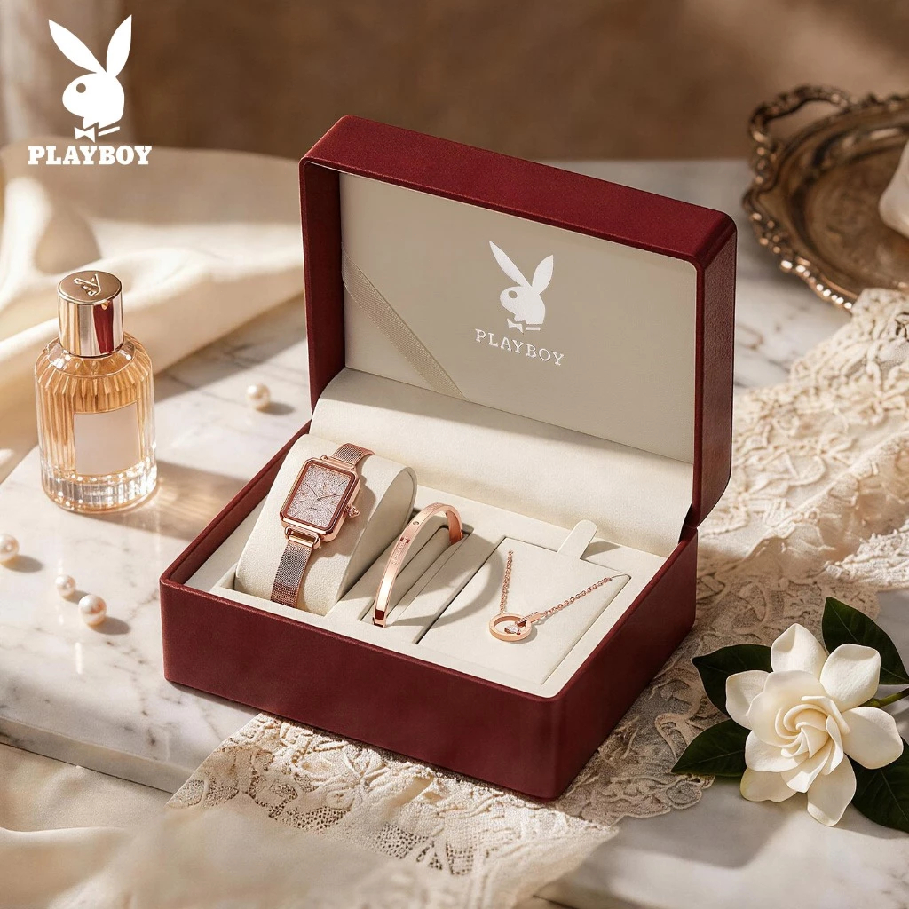 PLAYBOY นาฬิกา ผู้หญิง ต้นฉบับ กันน้ำ 100% แถบสแตนเลส หน้าปัดสแควร์ แฟชั่น ดอกกุหลาบทอง 3100