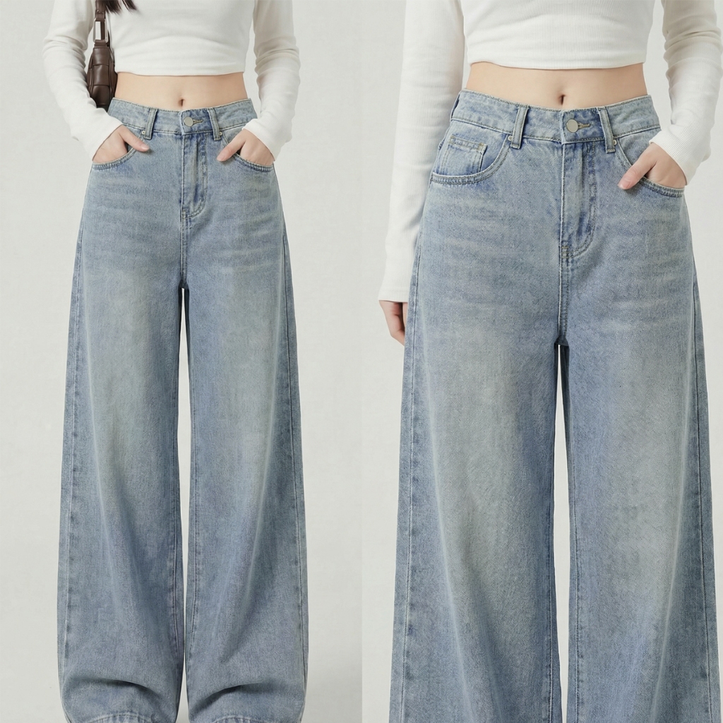 FLAER Denim Studio (S-3XL) กางเกงยีนส์ผู้หญิงเอวสูง ขากว้าง ขายาว สีขาว สีฟ้าอ่อน สไตล์เกาหลี ทรงหลวม พรางหุ่น ใส่สบาย