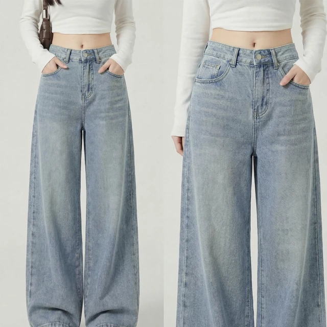 FLAER Denim Studio (S-3XL) กางเกงยีนส์ผู้หญิงเอวสูง ขากว้าง ขายาว สีขาว สีฟ้าอ่อน สไตล์เกาหลี ทรงหลวม พรางหุ่น ใส่สบาย