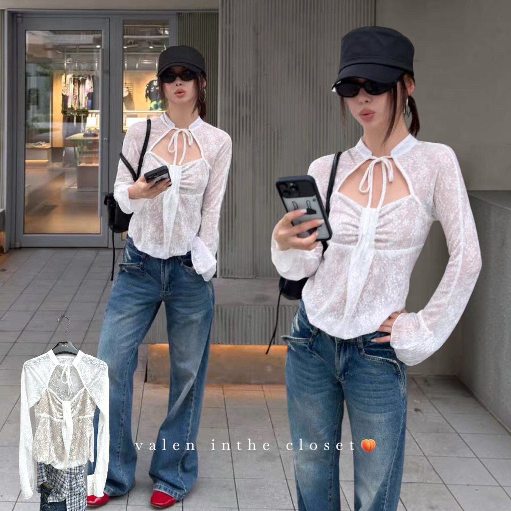 [VALEN] 26T523 𝗖𝗔𝗥𝗜𝗡𝗔 𝗟𝗔𝗖𝗘 𝗧𝗢𝗣 เสื้อแขนยาวผ้าลูกไม้ซีทรู SUUZOUU