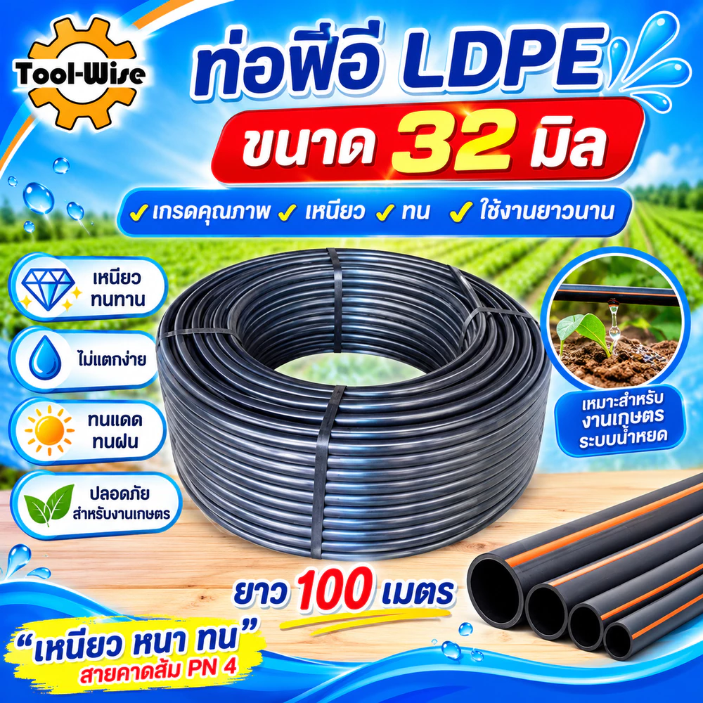 สายพีอี ท่อพีอี ท่อpe LDPE ขนาด32มิล (1นิ้ว) ความยาว 100เมตร (1ม้วน/1ออเดอร์)