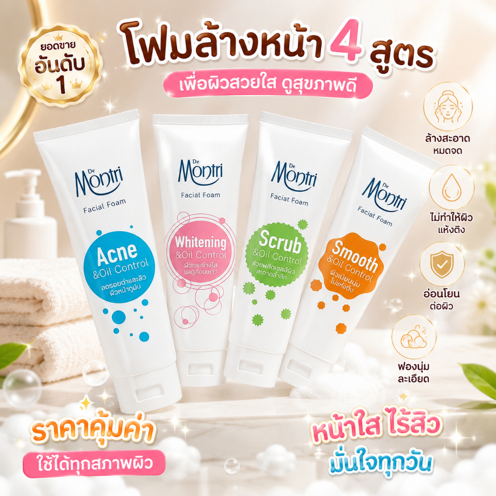 โฟมล้างหน้าดร.มนตรี เพิ่มประมาณ25% สูตรวิปโฟม เนื้อ แน่นน หุ้มม นุ่มช่วยให้มันหายเกลี้ยง ผิวสะอาดใส ไร้สิว