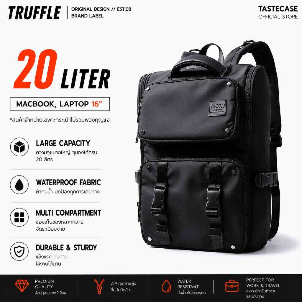 Truffle SMP Backpack กระเป๋าเป้กันน้ำกันกระแทกสำหรับ Macbook Pro 14-16", Macbook Air 13-15" หรือ Laptop อื่นๆ