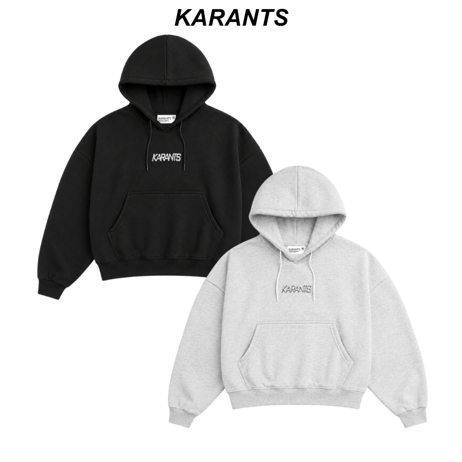 Karants เสื้อแจ็คเก็ต Hoodie สวมหัว Boxy ผ้าฟลีซ ติดแถบโลหะ Unisex ชาย-หญิง - AK98