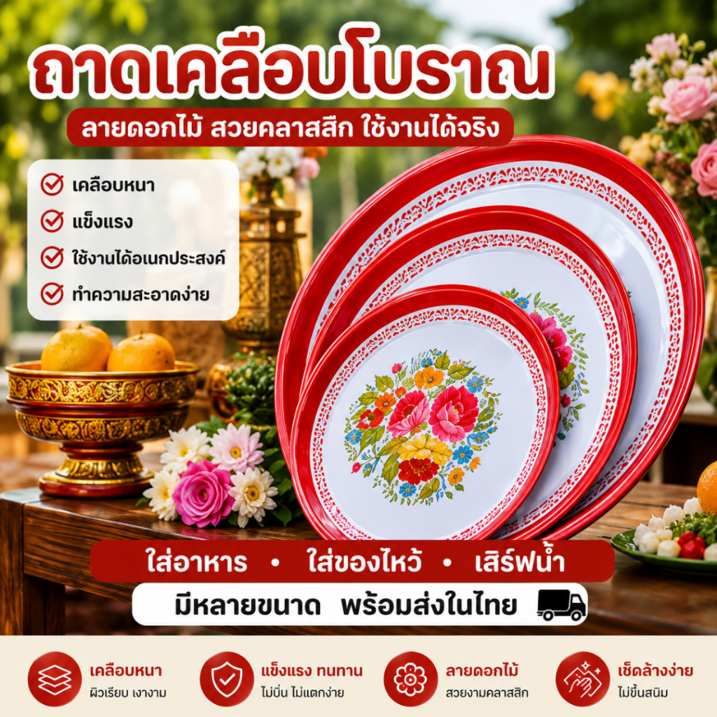 ถาดเคลือบโบราณ ถาดแดงเคลือบลายดอกไม้ ถาดแดง เกรดหนา ใส่ของไหว้พระ ใส่อาหาร มีหลายขนาด  พร้อมส่งในไทย
