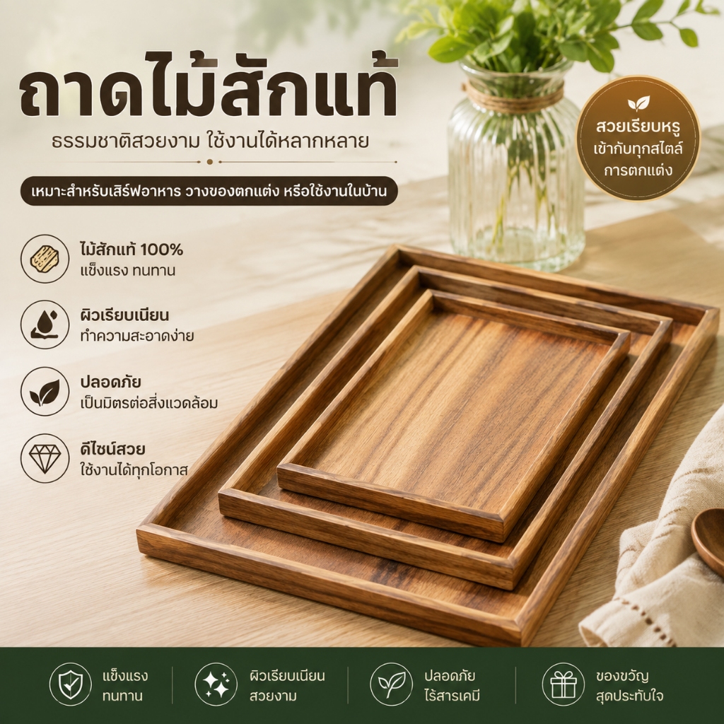 ถาดไม้ ถาดเสิร์ฟอาหาร Wooden Tray ถาดรองแก้ว ถาดชา ทรงสี่เหลี่ยมผืนผ้า ไม้ธรรมชาติ สไตล์ญี่ปุ่น มินิมอล ใช้วางของและตกแต