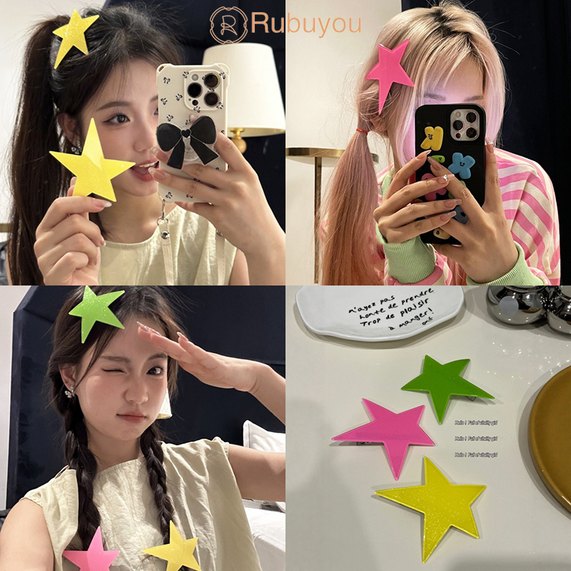 Rubuyou กิ๊บติดผมรูปดาวห้าแฉกใหญ่สีเรืองแสง ทรงดาวไม่สม่ำเสมอ Y2K เกาหลีหน้าม้า คลิปด้านข้าง นักเรียนสำหรับผู้หญิง-COD💕