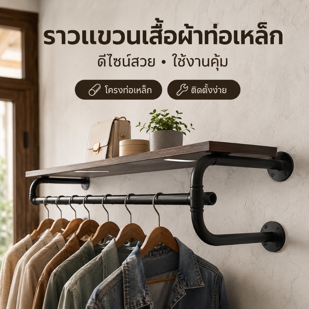 ราวแขวนเสื้อผ้าติดผนัง ราวแขวนผ้าท่อเหล็กสีดำ แข็งแรง ประหยัดพื้นที่ สำหรับห้องนอน ห้องแต่งตัว และร้านค้า