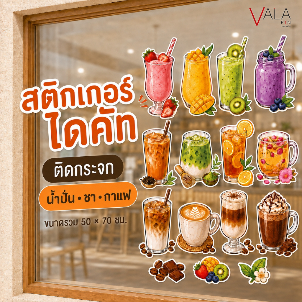 สติกเกอร์ไดคัทตกแต่งกระจก ร้านกาแฟ คาเฟ่ ร้านน้ำ ลายน้ำปั่น ชา กาแฟ เครื่องดื่ม 50x70 ซม.