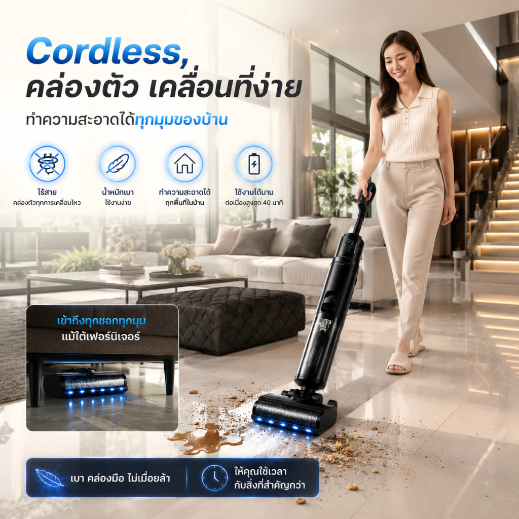 X10 PLUS เครื่องดูดฝุ่นไร้สาย 3IN1 ดูดฝุ่น+ถูพื้น+ดูดน้ำ Wet Dry Vacuum ดูดแรง ไม่พันเส้นผม แบตอึด ใช้ในบ้าน