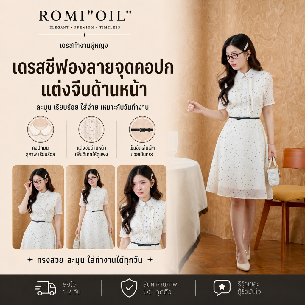 "Romi"Oil" K433 ชุดเดรสสีครีม (ลายจุดมีโบว์ที่เอว)