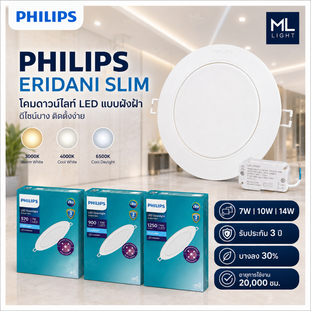 PHILIPS Eridani Slim LED Downlight 7W 10W 14W ดาวน์ไลท์ LED ฝังฝ้า บางพิเศษ 3 แสง 3000K 4000K 6500K 