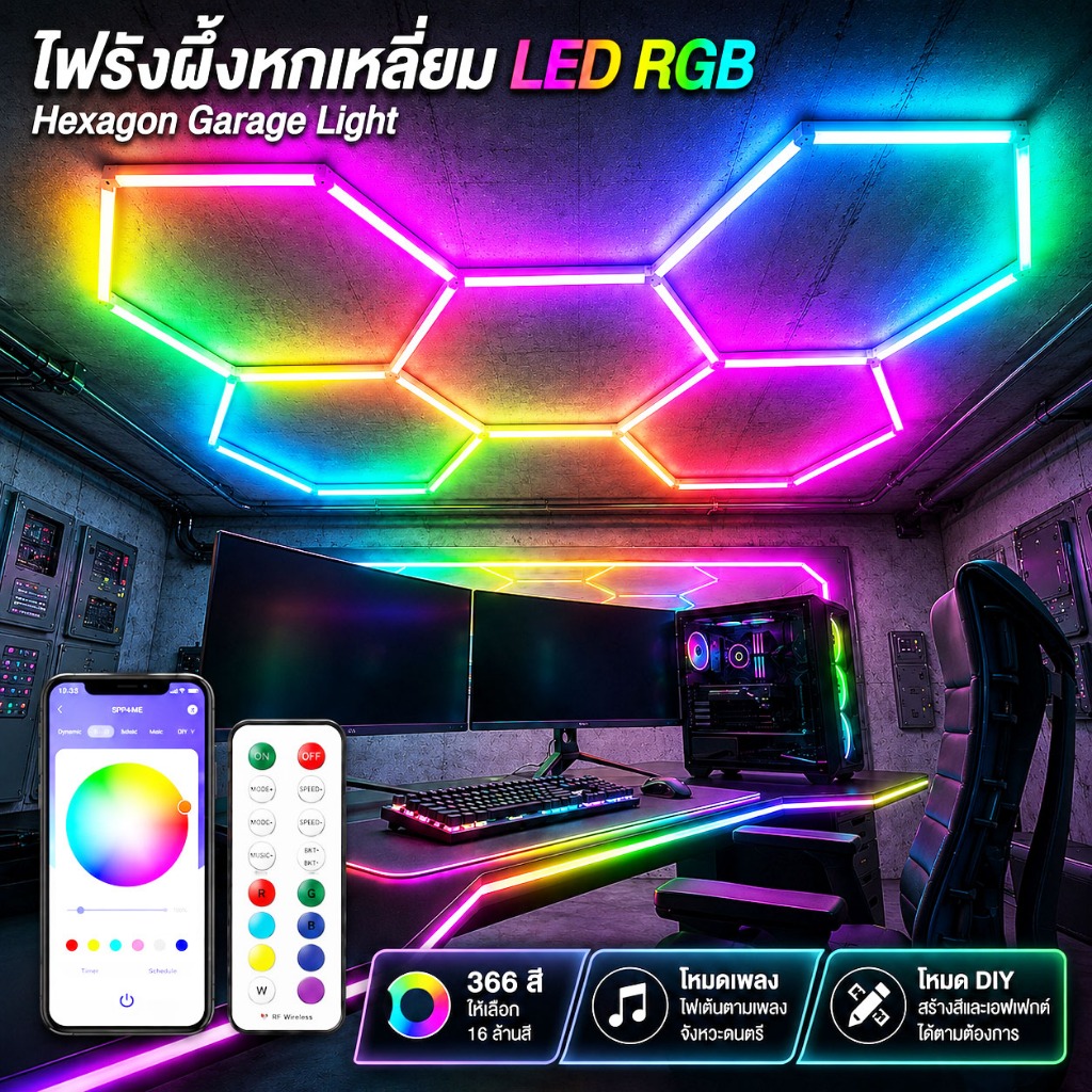 [ส่งฟรี]ไฟรังผึ้งหกเหลี่ยม LED ไฟรังผึ้ง RGB โคมไฟบรรยากาศบาร์ ไฟโรงรถหกเหลี่ยมโคมไฟ LED 24V ไฟโชว์รถ ไฟคาร์แคร์