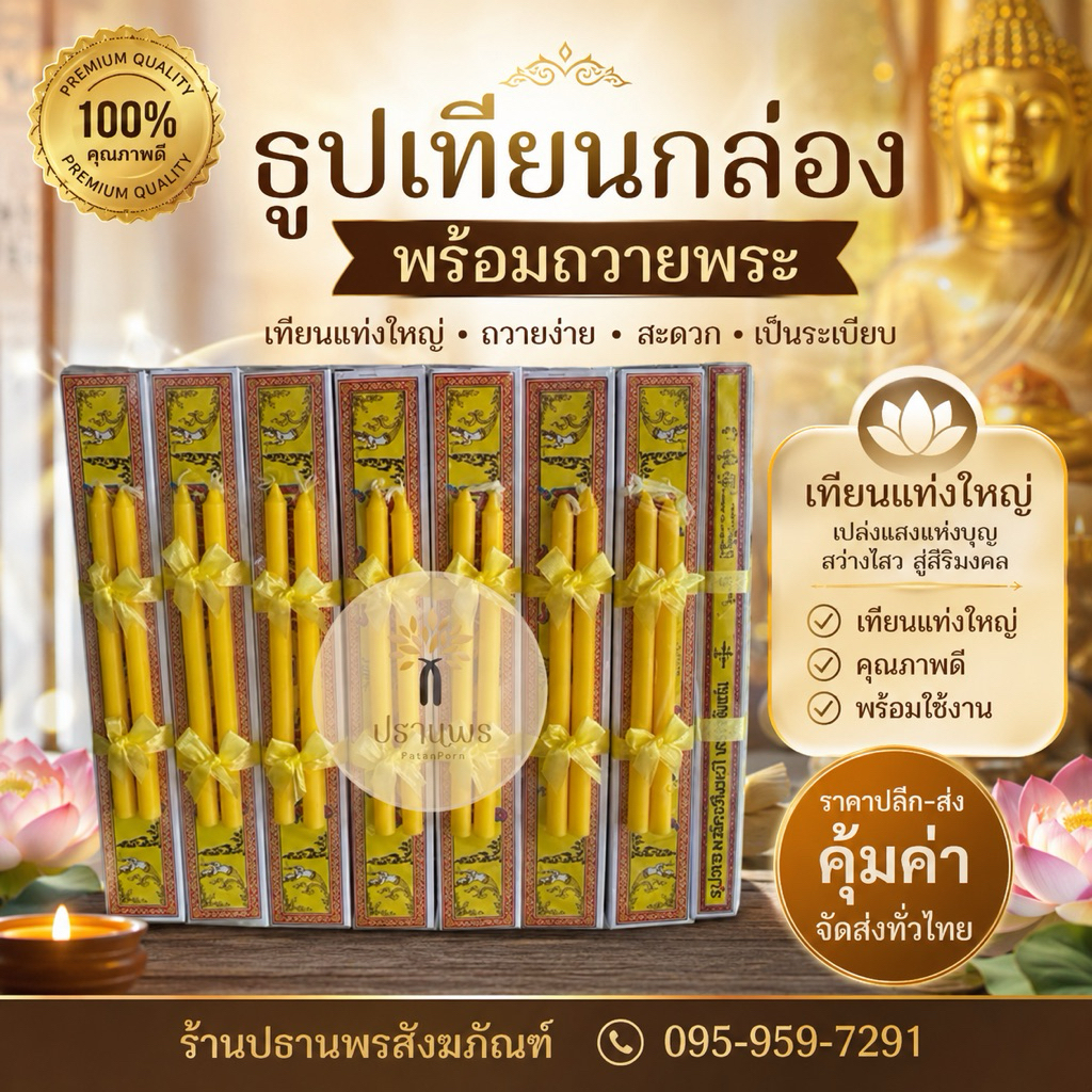 ชุดธูปเทียน เทียนแท่งใหญ่ ธูปเทียนกล่อง อย่างดี สำหรับใส่สังฆทาน